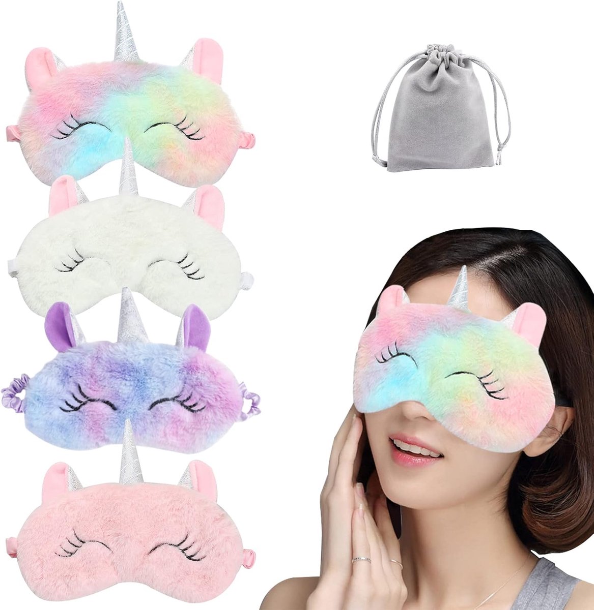 4 stuks schattig slaapmasker, cartoon oogmasker voor reizen, dutje, slaap, lunchpauze, overnachtingsfeest, zachte pluche blinddoek ooghoezen voor vrouwen meisjes kinderen