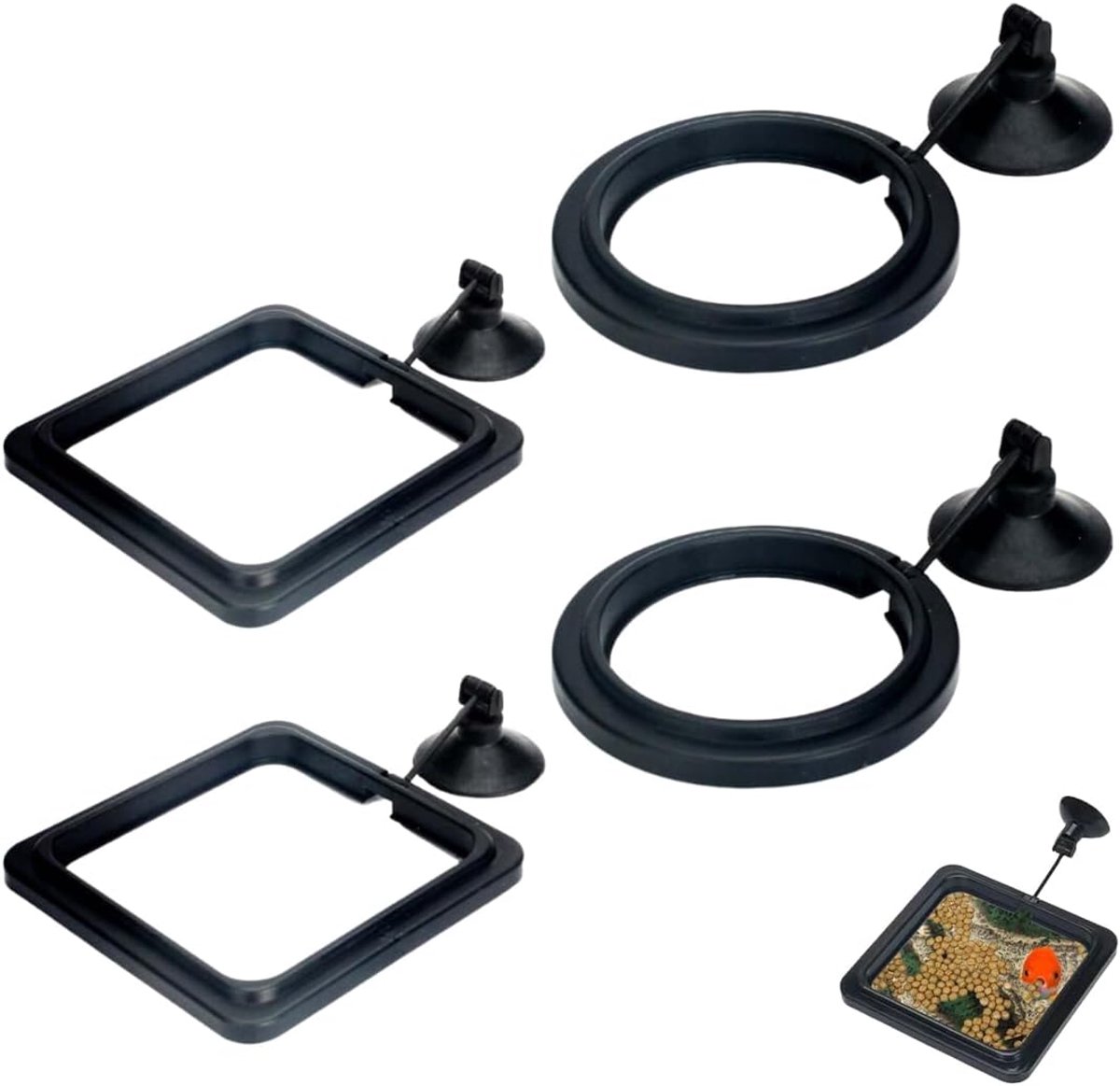 4 stuks zwemringen voor voer aquarium accessoires voor guppy, goudvissen, schildpadden (zwart) (vierkant en rond)