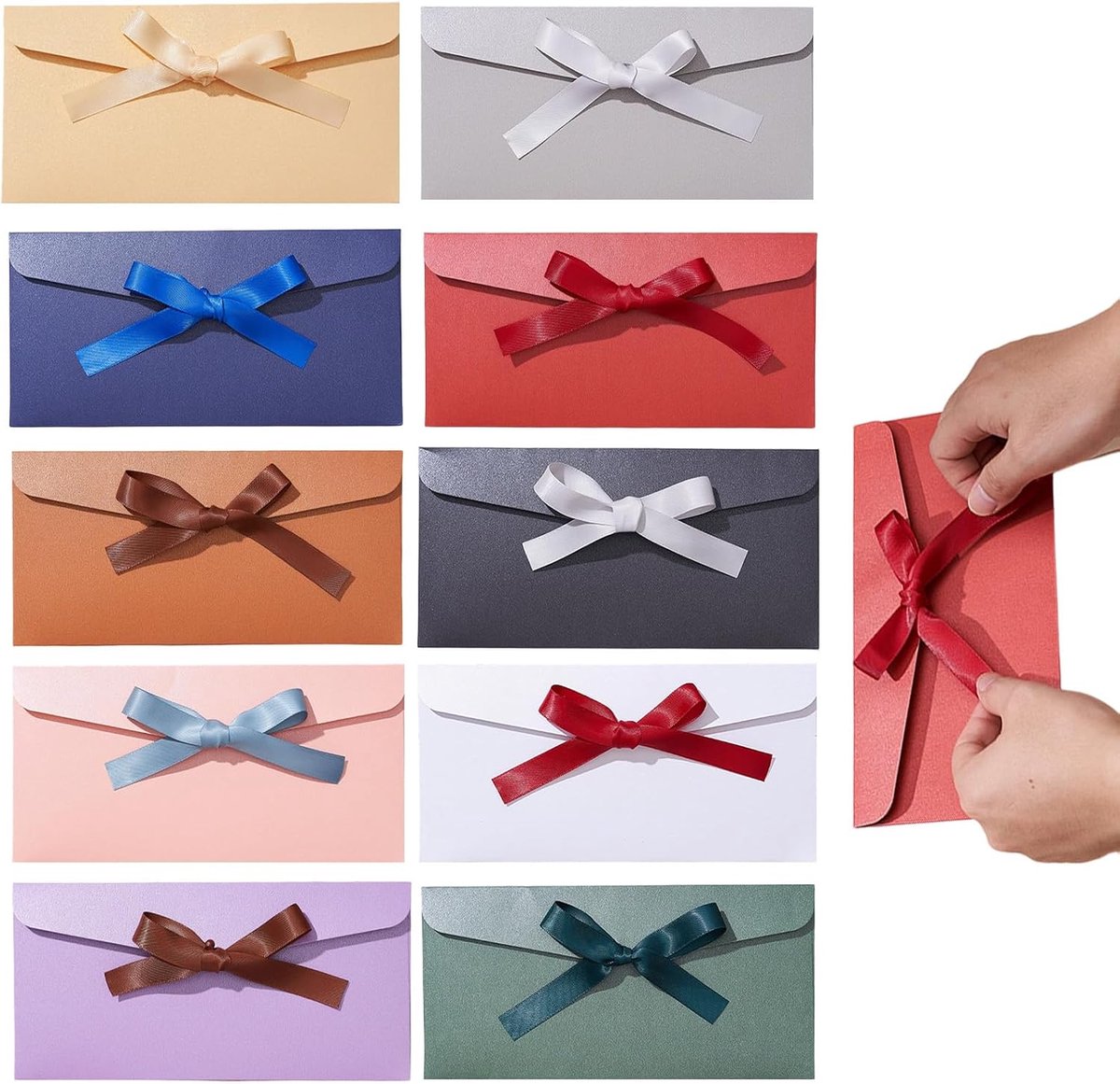 Enveloppen set 10 stuks – 22x11 cm – Regenboog kleuren – Vintage stijl – Luxe cadeauverpakking met lint – Perfect voor feest, kerst en bruiloft