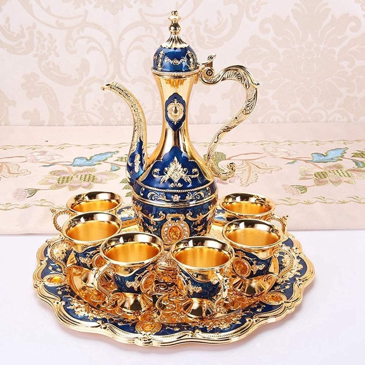Set Russische Stijl, Luxe Wijn Pot Kit Metalen Wijn Drinkbekers Metal Art Craft Tafeldecoratie Huishoudelijke Ornamenten voor Thuis Kunst Ambachten Bruiloft Benodigdheden(Blauw)
