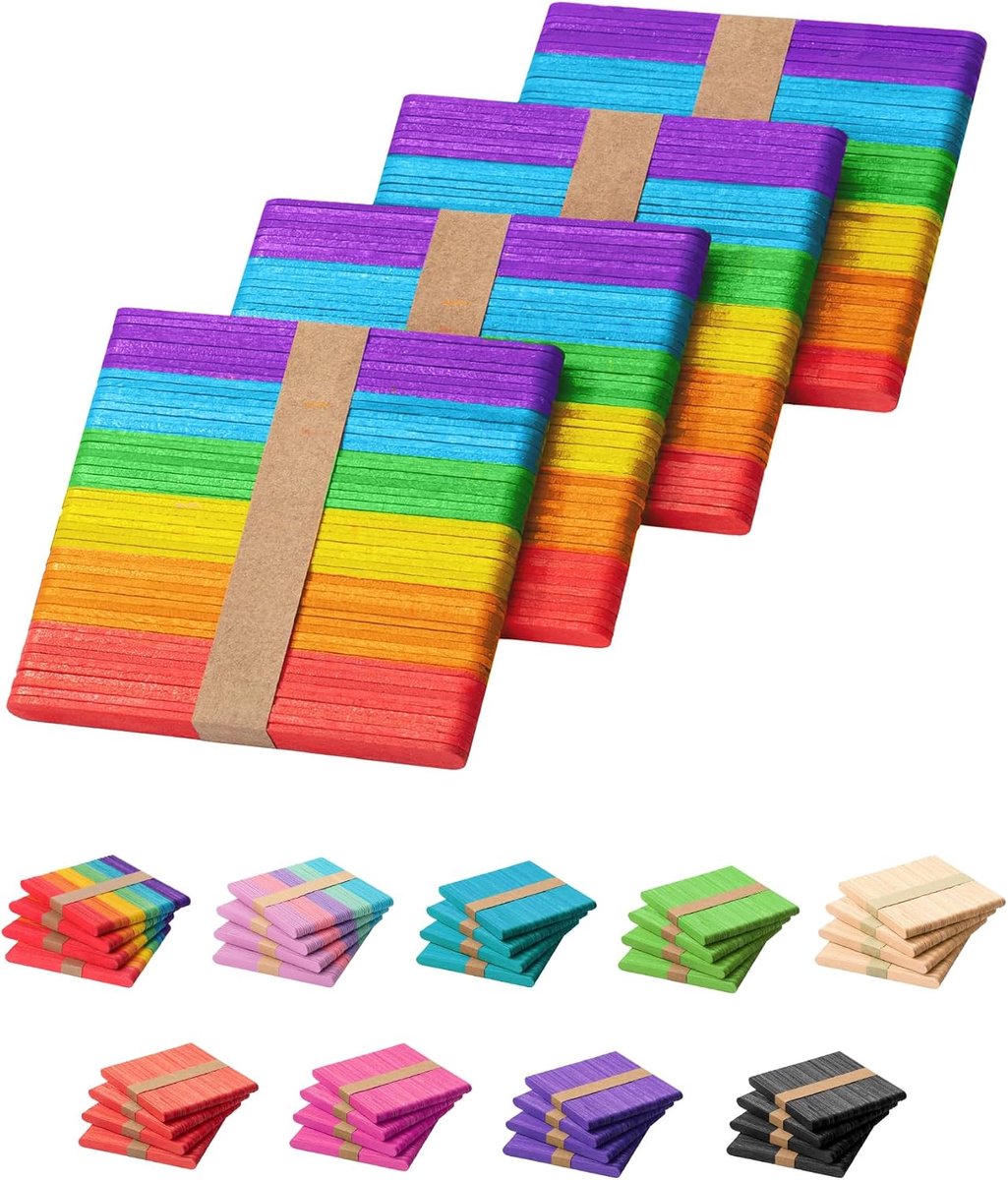 Houten regenboogkleurige ijslollystokjes voor knutselen, 200 stuks, 11,4 cm