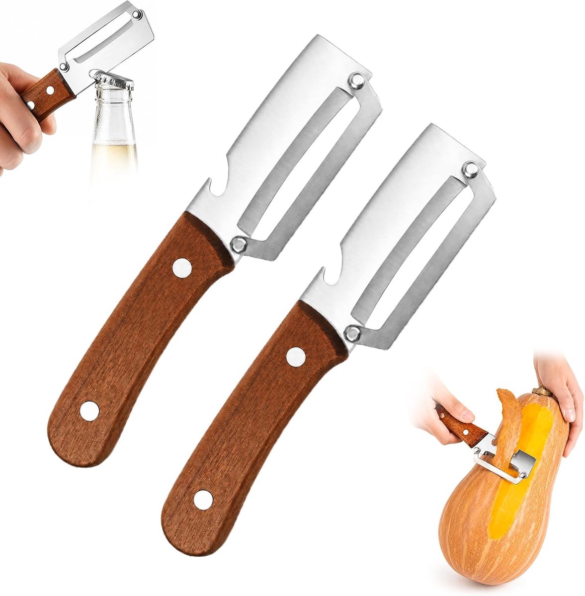 Groenteschiller voor de keuken, multifunctionele fruit- en groenteschiller van roestvrij staal voor de keuken met houten handvat en flesopener (2 stuks)