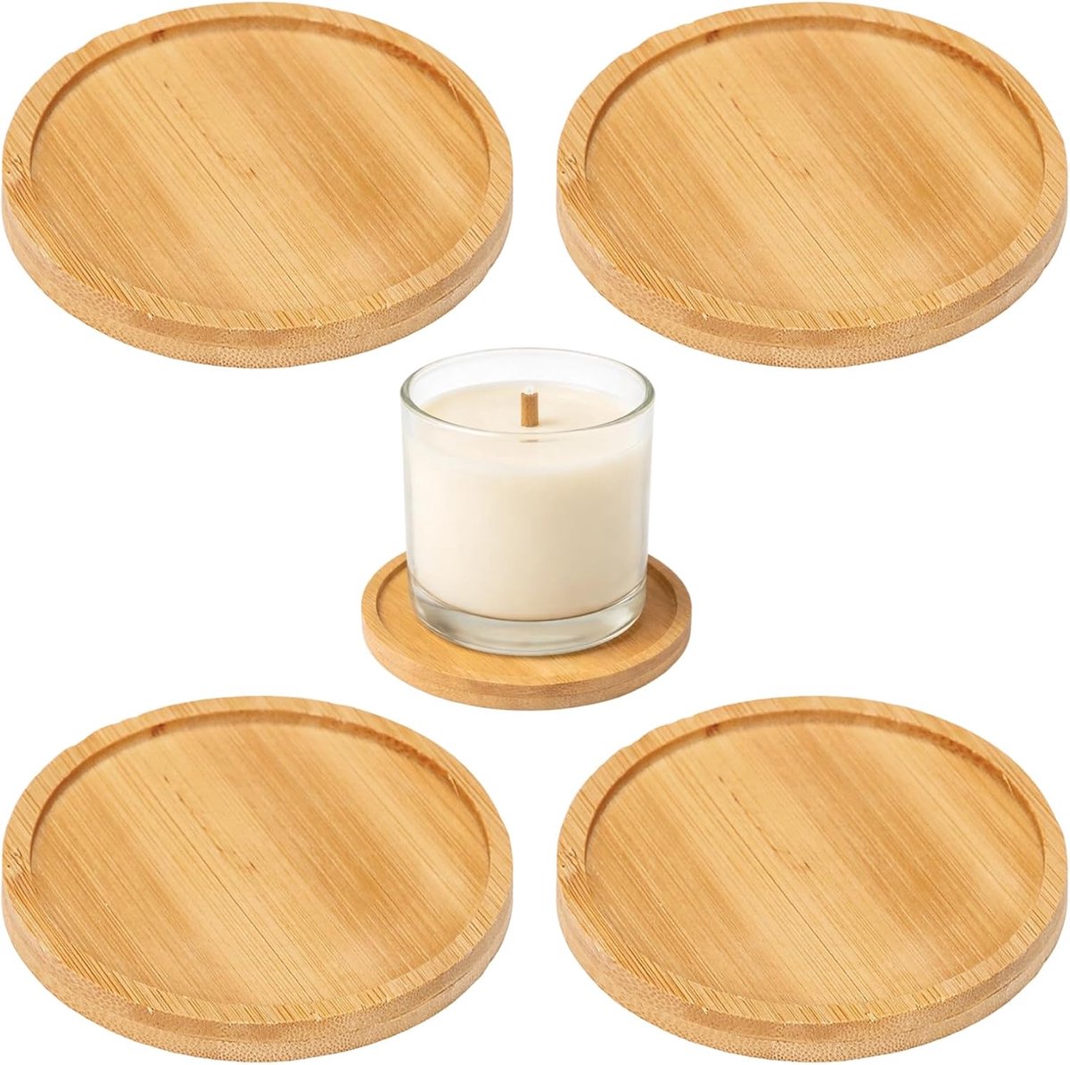 4 stuks kaarsenonderzetters hout en kaarsenbord hout, ronde houten onderzetters ter bescherming tegen was, ook als decoratieve schaal
