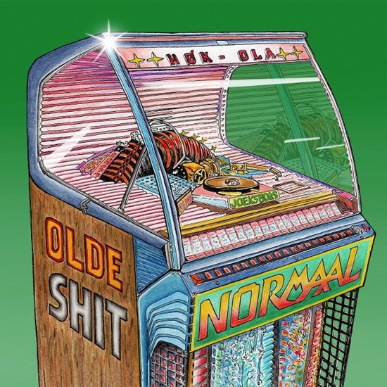 Jukebox met de tekst 'OLDE SHIT' en 'NORMAAL'. Bovenin een STER en 'HOK - OLA'.