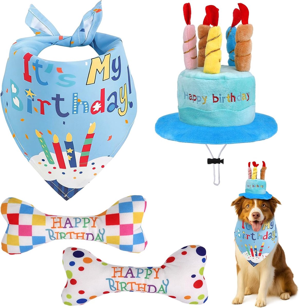 Piepend hondenspeelgoed, verstelbare huisdierverjaardagshoed, hondenverjaardagsbandana, pluche verjaardagsbotten, voor kleine, middelgrote honden