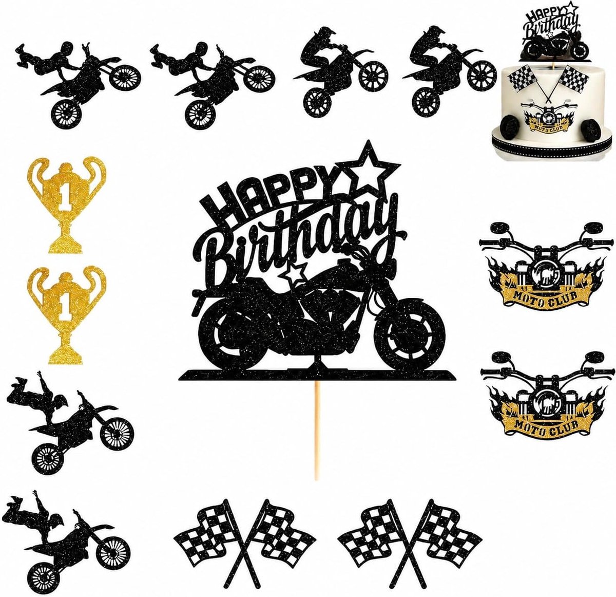 Cake Decoratie Set 13-delig – Zwart Racing Thema Toppers voor Verjaardagstaart & Cupcakes – Feestdecoratie voor Kinderfeest en Party
