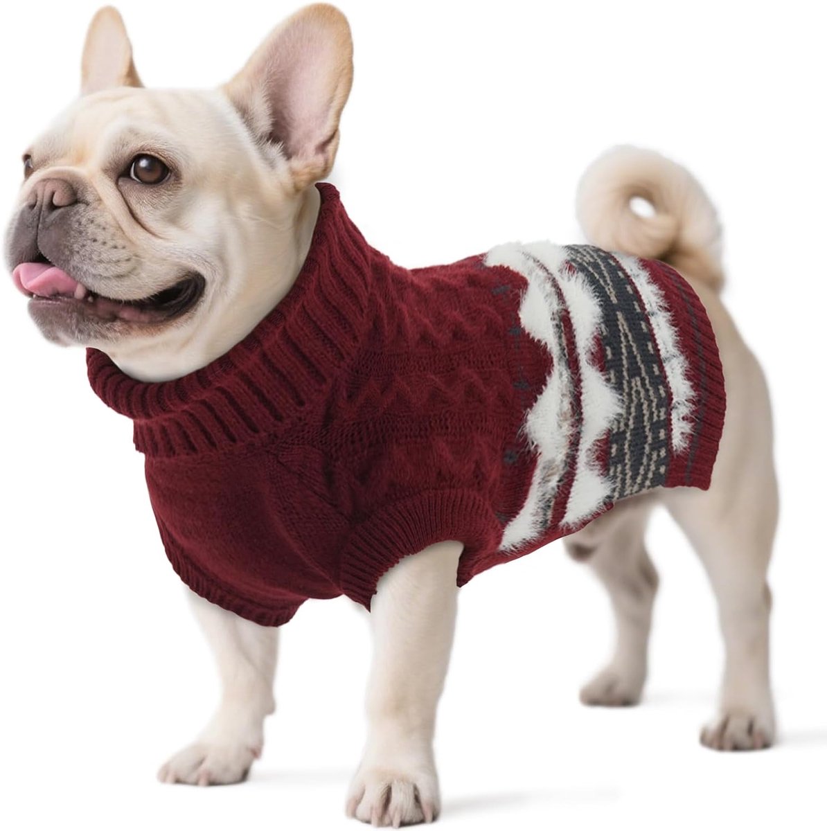Middelgrote honden - Fair Isle pullover hond met harnasopening, kersttrui, elastische hondentrui, wintertrui voor Franse buldog, medium gemengd, bessenrood, L