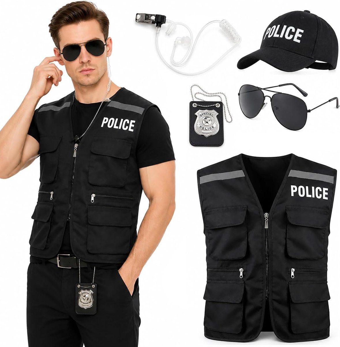 Politiekostuum voor volwassenen, 5 stuks, zwart, politievest, kostuum, politiemuts, bril, hoofdtelefoon, cop, cosplay, voor carnaval, Halloween, party, kostuumfeesten