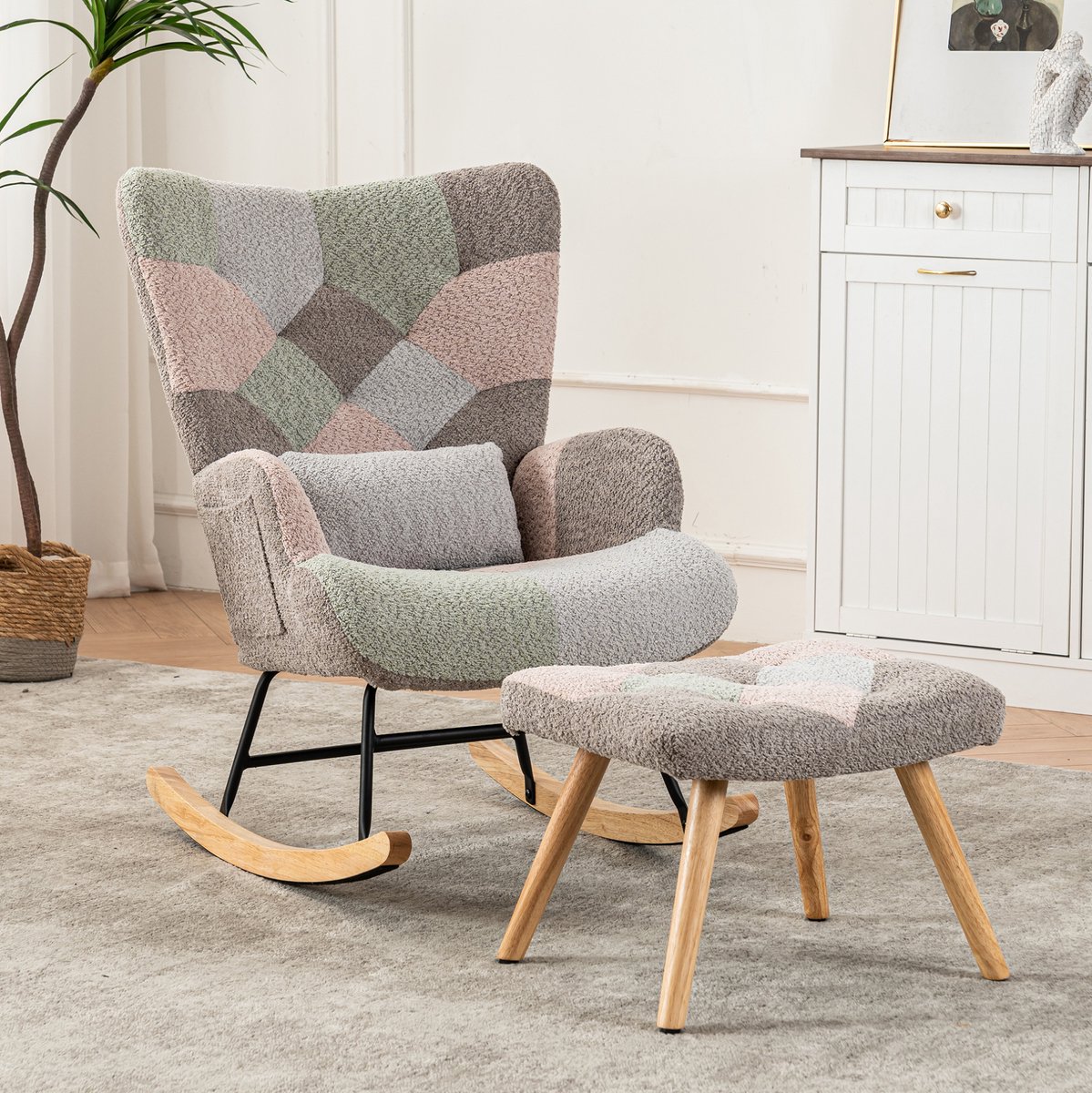 MEUNIQ Schommelstoel Fauteuil met Hocker en Lendenkussen – Zitbreedte 43 cm, houten frame, veelkleurige stoffen bekleding voor woonkamer of slaapkamer