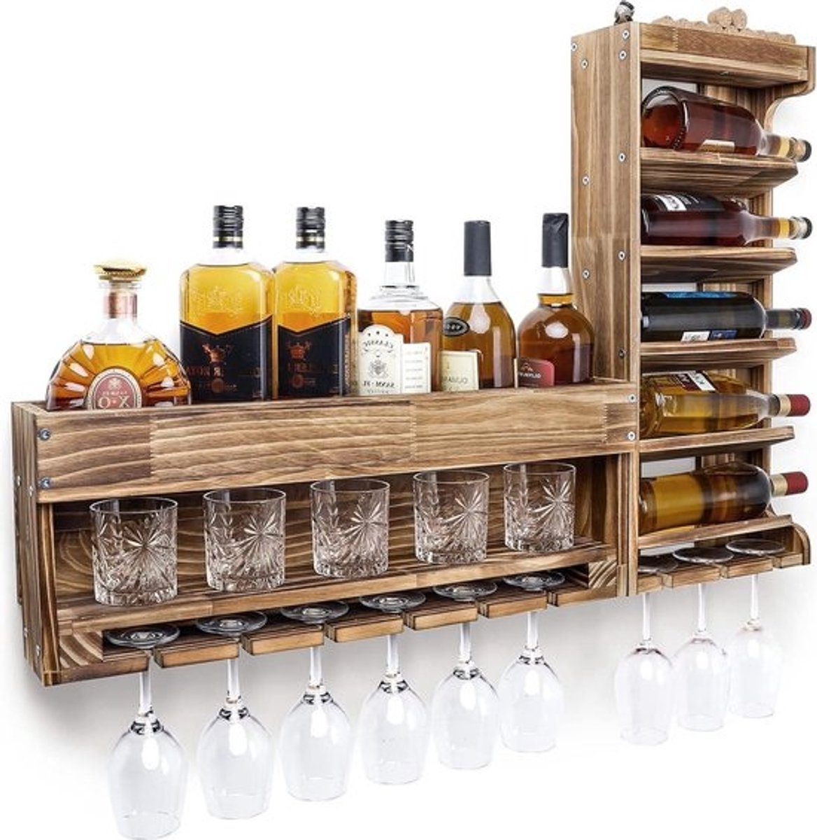 Bevlamd hout wand wijnrek pallet met kurkhouder voor whiskyglazen - vintage cadeau voor huisbar Wijnrek