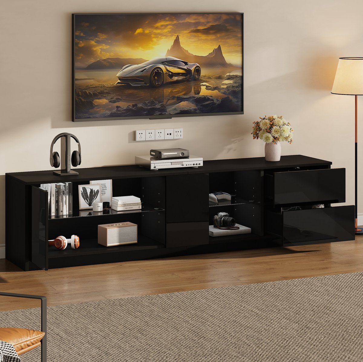 MEUNIQ TV-meubel 160 x 40 x 52 cm met 2 lades, kastdeur, open vak, gehard glazen legplank en LED-verlichting voor tv’s tot 65 inch, zwart