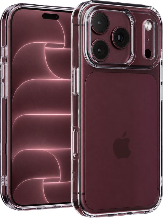 Transparante hoes voor rode iPhone 17 Pro, met camera-uitsparing. Achterkant met Apple logo zichtbaar.