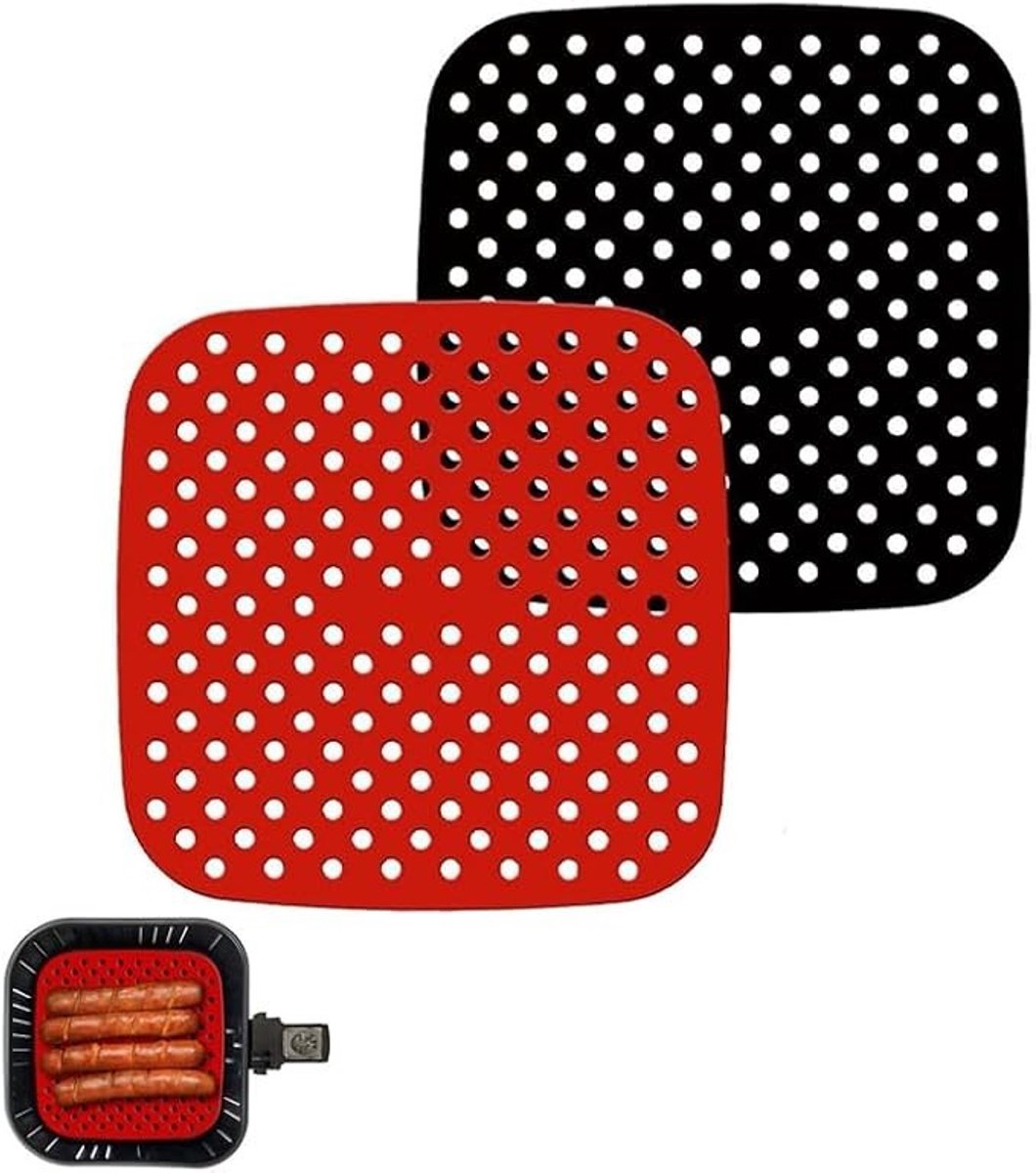 PolkaHome siliconen airfryer matten set van 2 - rood en zwart, herbruikbaar, anti-aanbak, BPA-vrij