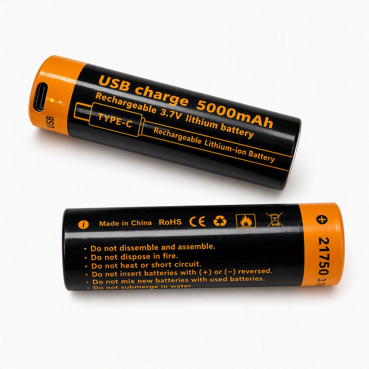 21750 3.7V 5000mAh Oplaadbare Li-ion Batterij - met USB-C 2-in-1 Kabel - Hoge Capaciteit voor Zaklamp, Elektrisch Gereedschap en meer (2 stuks)