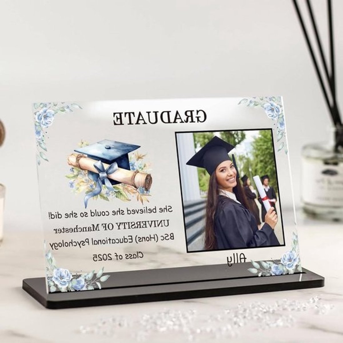 Acryl Plaque - Gepersonaliseerd Cadeau - Afstuderen Vieren - Eigen Foto - 21 x 14.8 cm - Bloemen