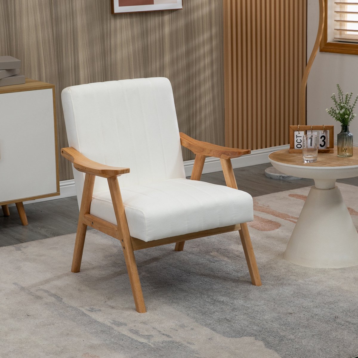REDOM - Fauteuil - Samtoptiek - Armleuningen - Skandi-design - Woonkamer of slaapkamer - Hout - Creme - 68 x 74 x 82 cm