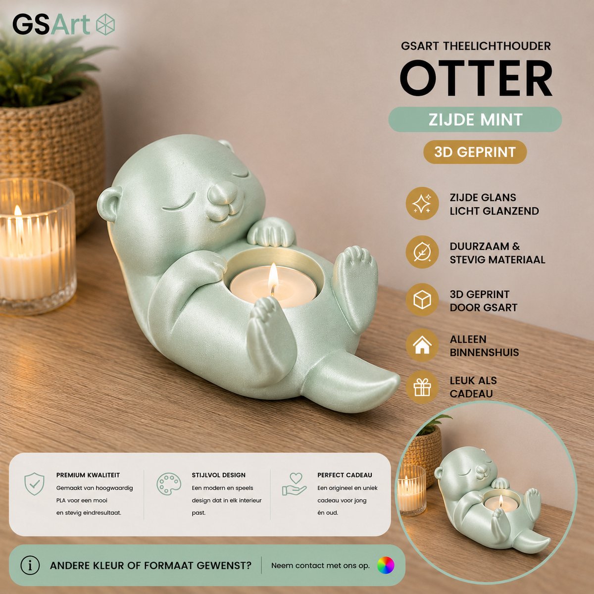 GSArt Theelichthouder Otter – Decoratieve Otter met LED Theelichtje – 3D Geprint - Zijde Mint