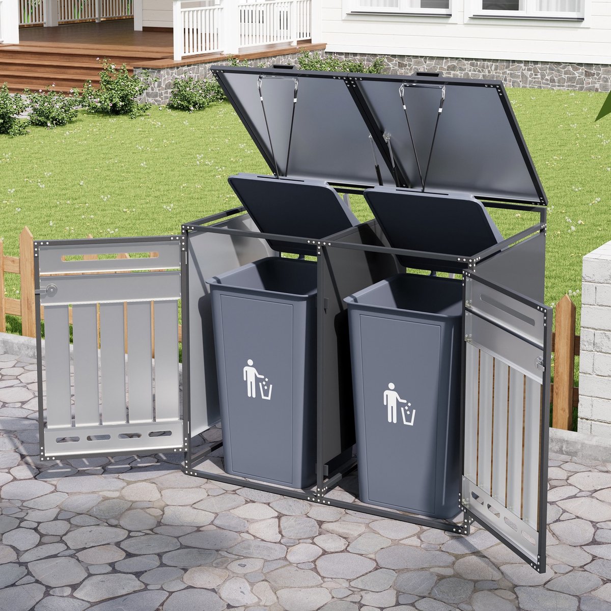 Wishdor Containerberging - Dubbele vuilnisbakombouw - Hydraulisch deksel en vergrendelbare deuren - Metalen uitvoering - Tuin terras buiten - Zwart - 131 x 79 x 116 cm