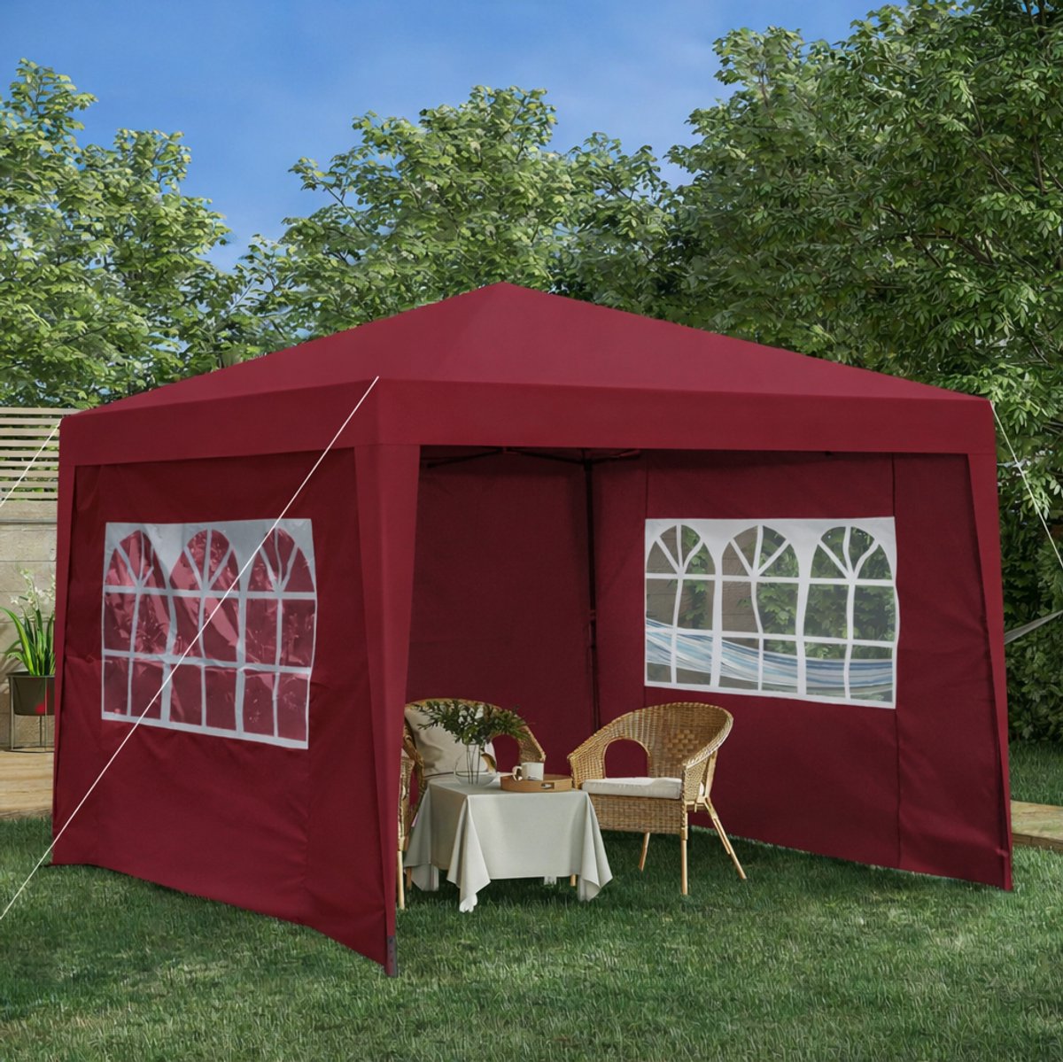 Wishdor Faltpavillon - Vier zijwanden en 4 zandzakken - Opvouwbaar met verstelbare hoogte en ramen - Waterdicht uv 50+ winterbestendig - Tuin terras strand feest camping - Stalen frame - Burgundy - 300 x 300 x 266 cm