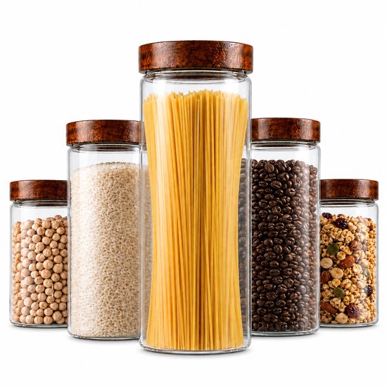 Vijf glazen voorraadpotten met houten deksels, gevuld met kikkererwten, rijst, spaghetti, koffiebonen en muesli.