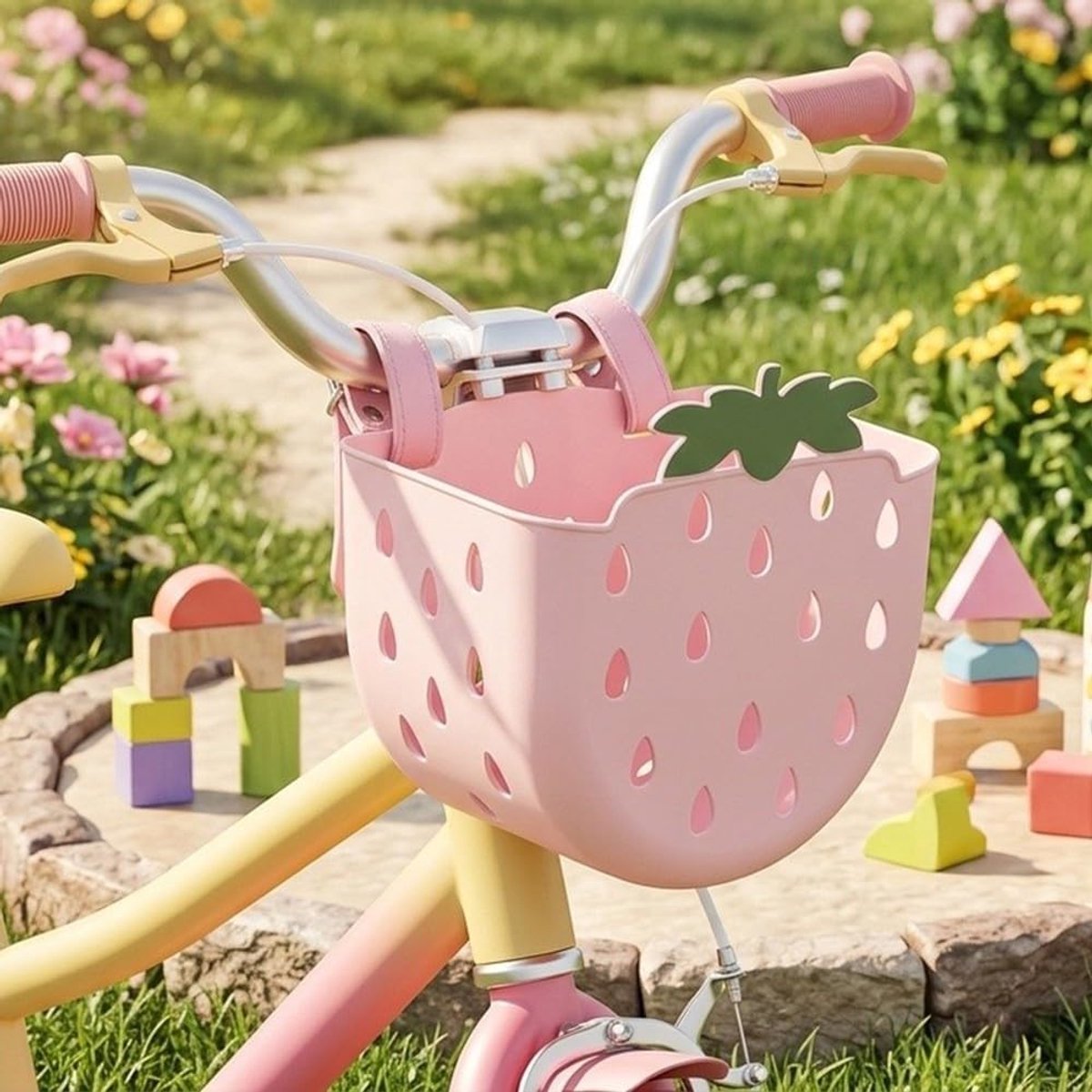Fietsmand - Kinderfietsmand - Cartoonpatroon - Plastic mand met opening aan de voorkant voor kinderfietsen, driewielers en scooters, roze