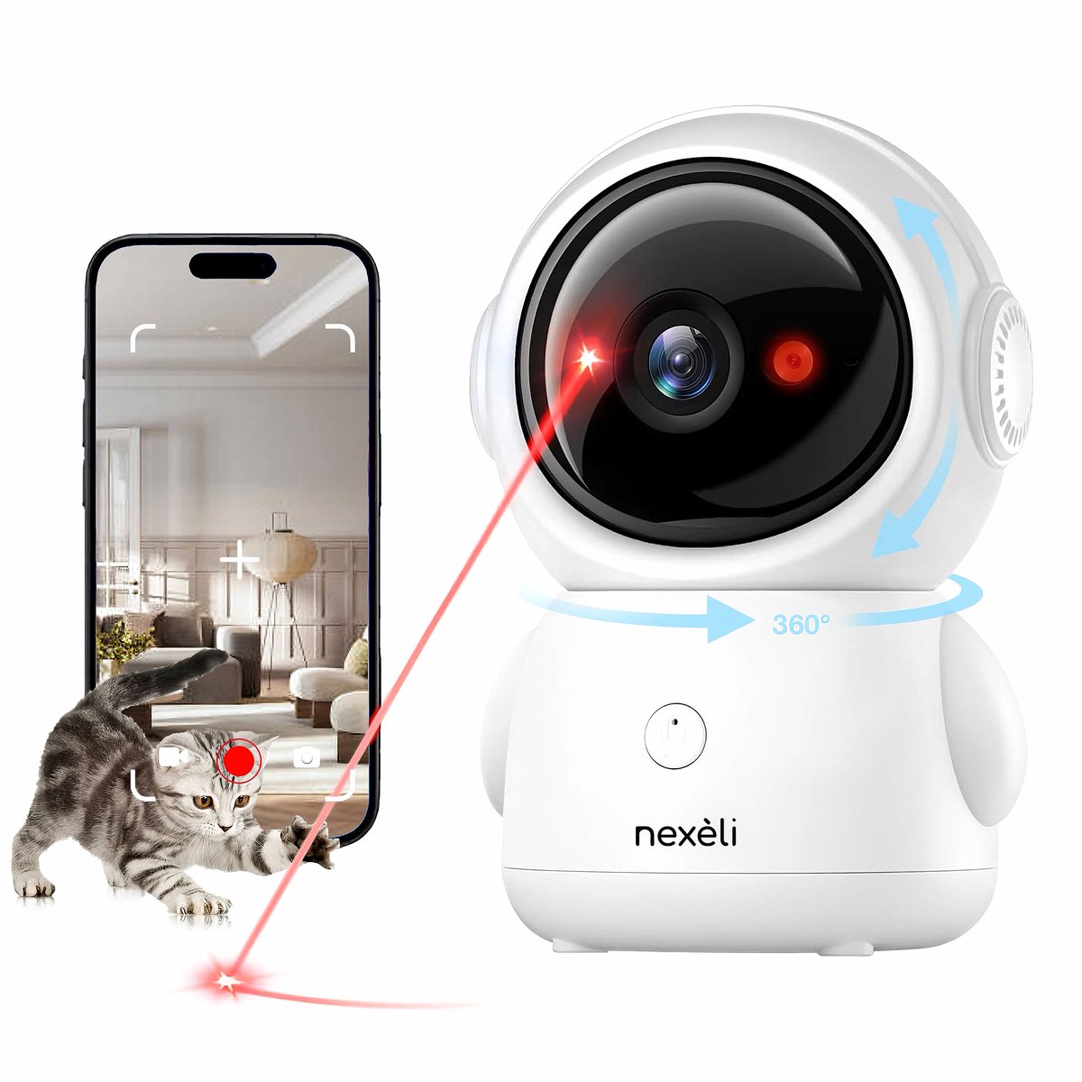 Nexeli NX-P07 Huisdiercamera met App – Inclusief 64GB Micro SD-kaart – 4MP HD – AI Dierdetectie – Auto Tracking – Laserpointer – 360° Draaibaar – Two-Way Audio