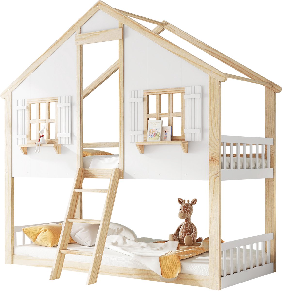 Stapelbed 90x200 cm - Kinderbed Met Dak En Raam - Uitvalbeveiliging - Schuine Ladder - 120kg Draagvermogen - Kinderkamer - Wit-Natuur