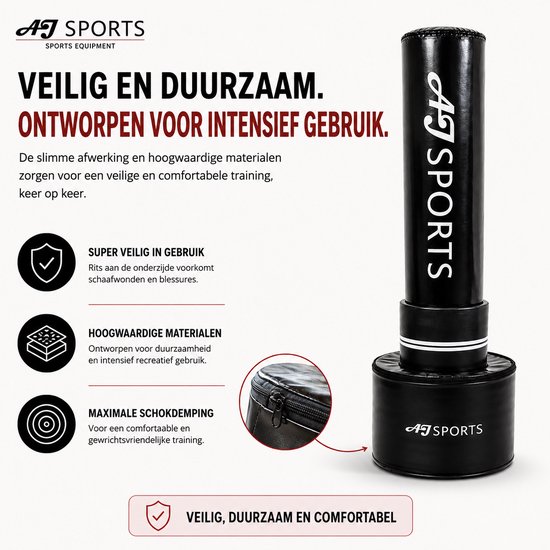 Zwarte staande bokszak van AJ Sports, 175 cm hoog. Tekst: "VEILIG EN DUURZAAM. ONTWORPEN VOOR INTENSIEF GEBRUIK."