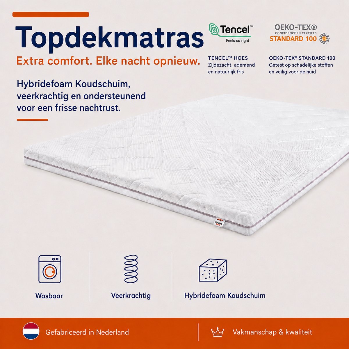 Bestrest Bedden Matras Topper 180x190cm - 10cm Topdekmatras - Koudschuim - Hybridefoam - Tencel Hoes - OkoeTex - Wasbare hoes - Medium Ligcomfort Wit