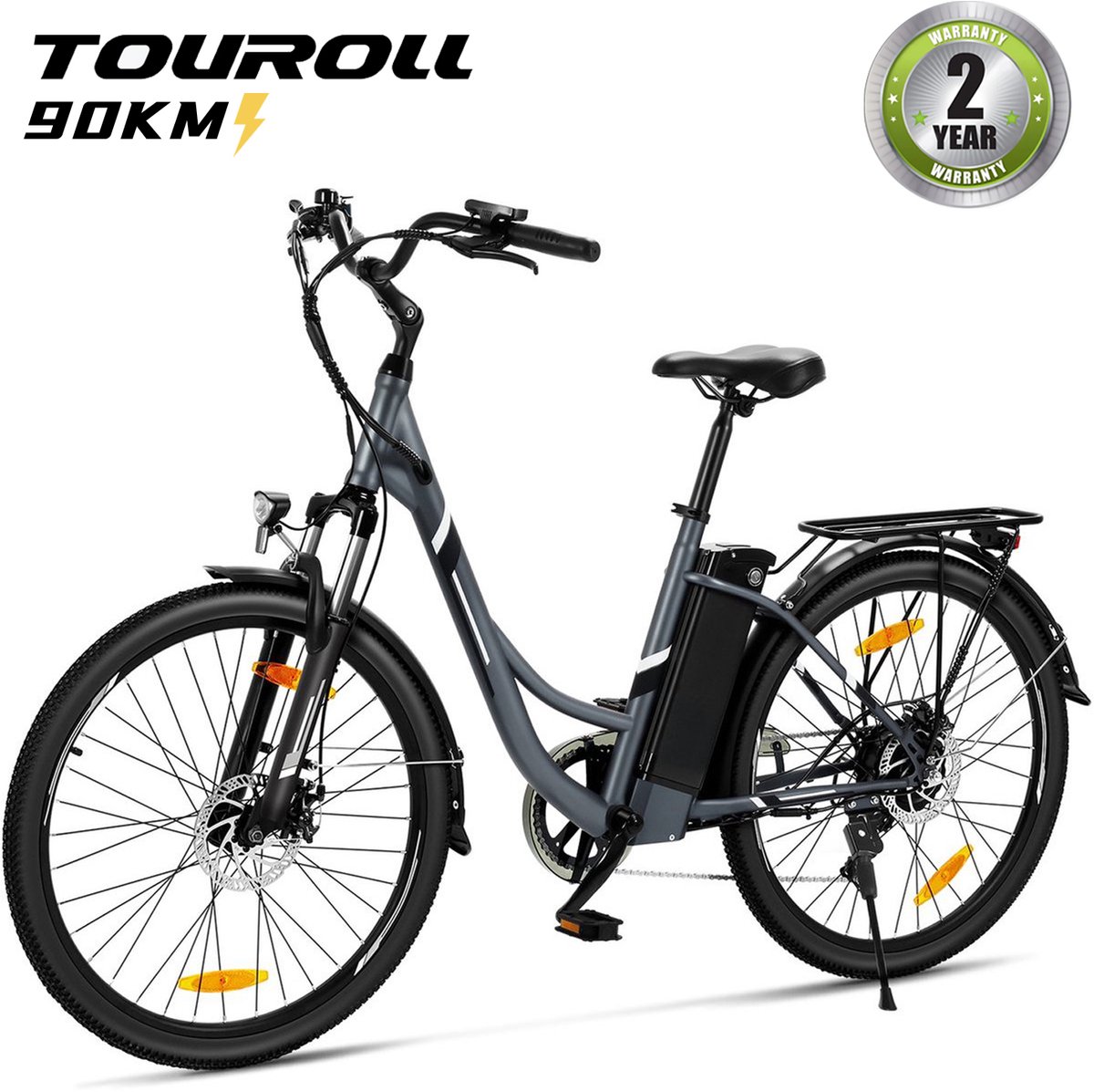 Touroll Bries 1 Pro-Breezi-Stapdoor-E‑Bike-Grijs‑26-Inch‑250W‑90km‑Bereik‑Shimano‑7‑versnellingen‑Schijfremmen‑IPX4