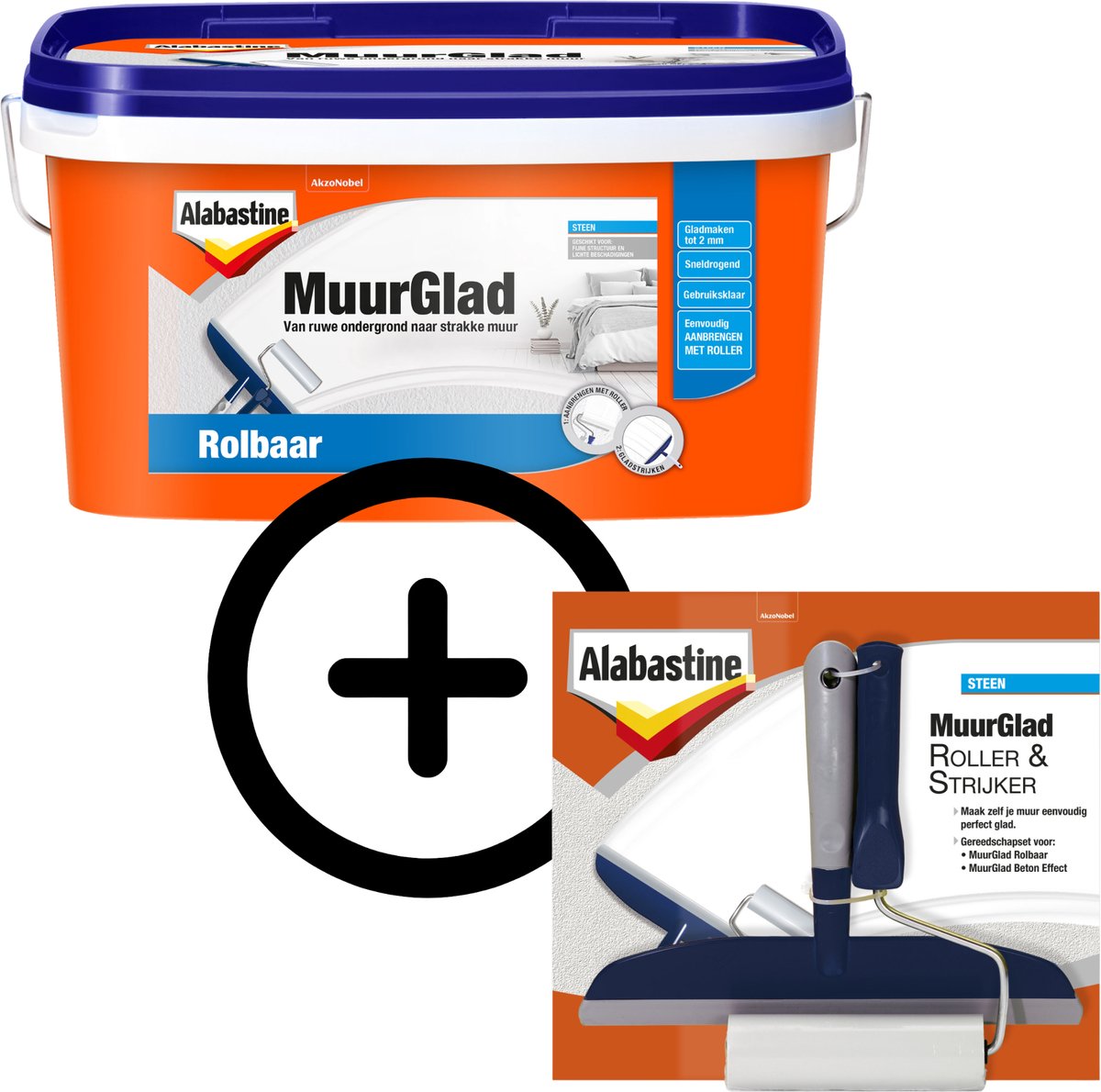 Product Bundel: Alabastine - Muurglad Rolbaar - Wit - 5 L + Muurglad Roller & Strijker