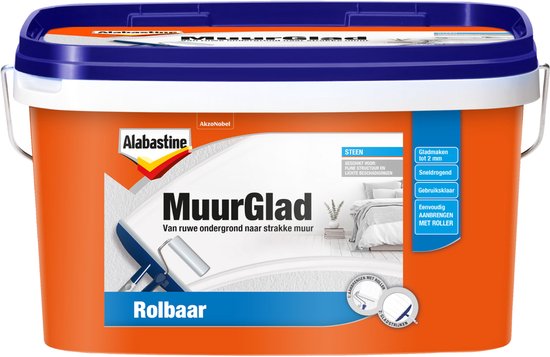 Alabastine MuurGlad Rolbaar emmer met blauwe deksel, oranje body, met afbeelding van rollen op een muur.
