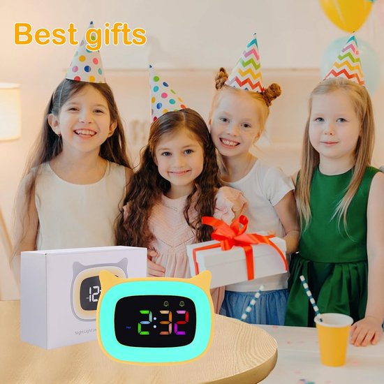 Digitale kinderklok - Kinderwekker nachtlampje - Kinderen wakker maken - 8 kleuren nachtlampje - Oplaadbaar - Geel — afbeelding 4