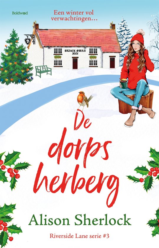 Boekomslag: Vrouw in rode winterkleding bij Black Swan Inn, met kerstboom en tekst 'Een winter vol verwachtingen... De dorpsherberg'.