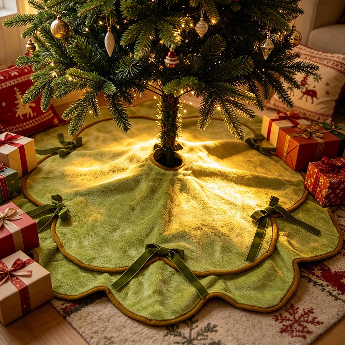 Kerstboomrok – Pluche Kerstboomkleed met Striklint – Golvende Kerstboomrok voor Kerstdecoratie – Polyester – Kerstversiering – Groen – 120 cm – 1 Stuks