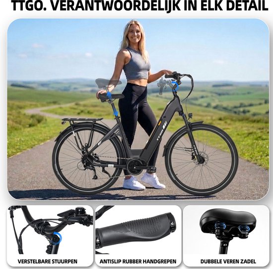 TTGO C7 SE Elektrische Fiets - 36V 18Ah Lithium Accu - Actieradius tot 150 km - Middenmotor - 28×2.0 inch Banden - Hydraulische Schijfremmen - Shimano 9 Versnellingen - Verende Voorvork met Lock-out - Elektrische Stadsfiets - Grijs van TTGO — afbeelding 4
