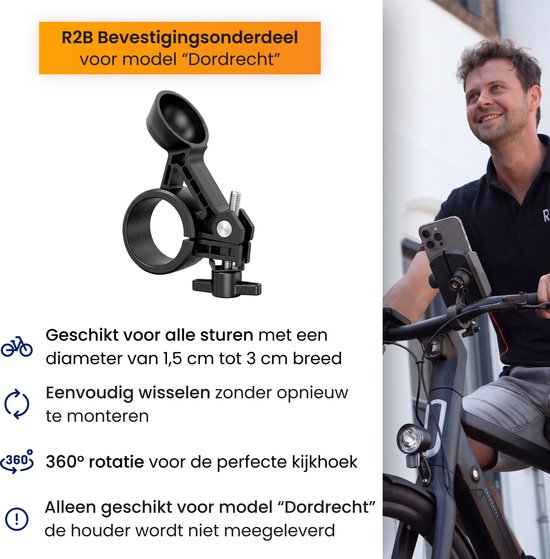 R2B bevestigingsonderdeel voor model "Dordrecht". Geschikt voor stuurdiameters 1,5-3 cm. 360° rotatie.