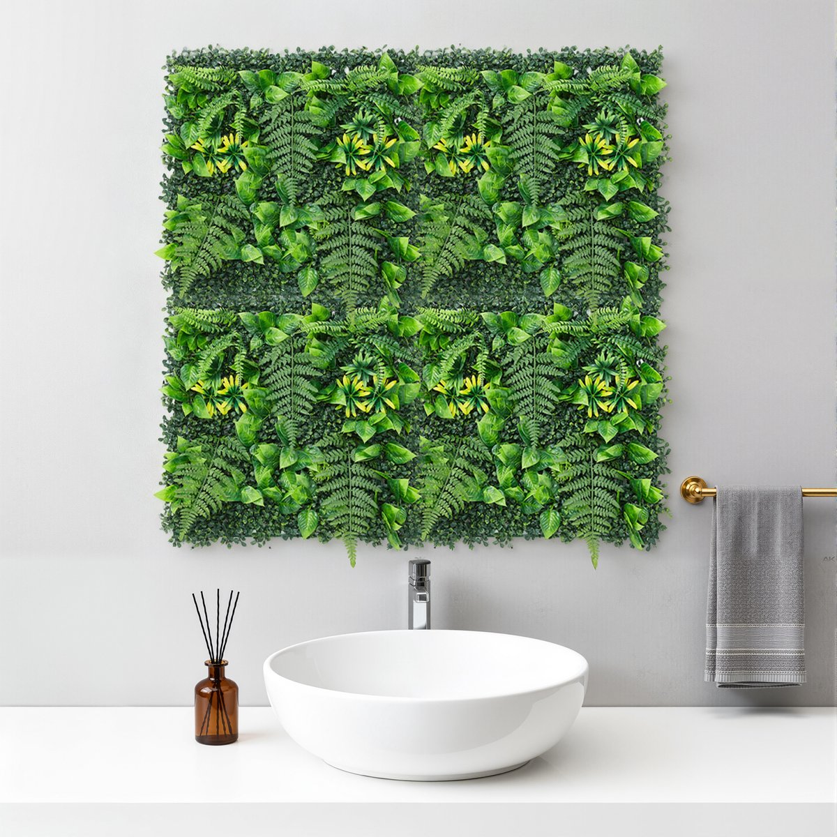 Triumpunpre Set van 4 Kunstplantenpaneel 50x50 cm – Groene Wanddecoratie met Gele Bloemen – Muurpaneel voor Binnen & Buiten – Onderhoudsvrij – voor Balkon, Tuin & Interieur