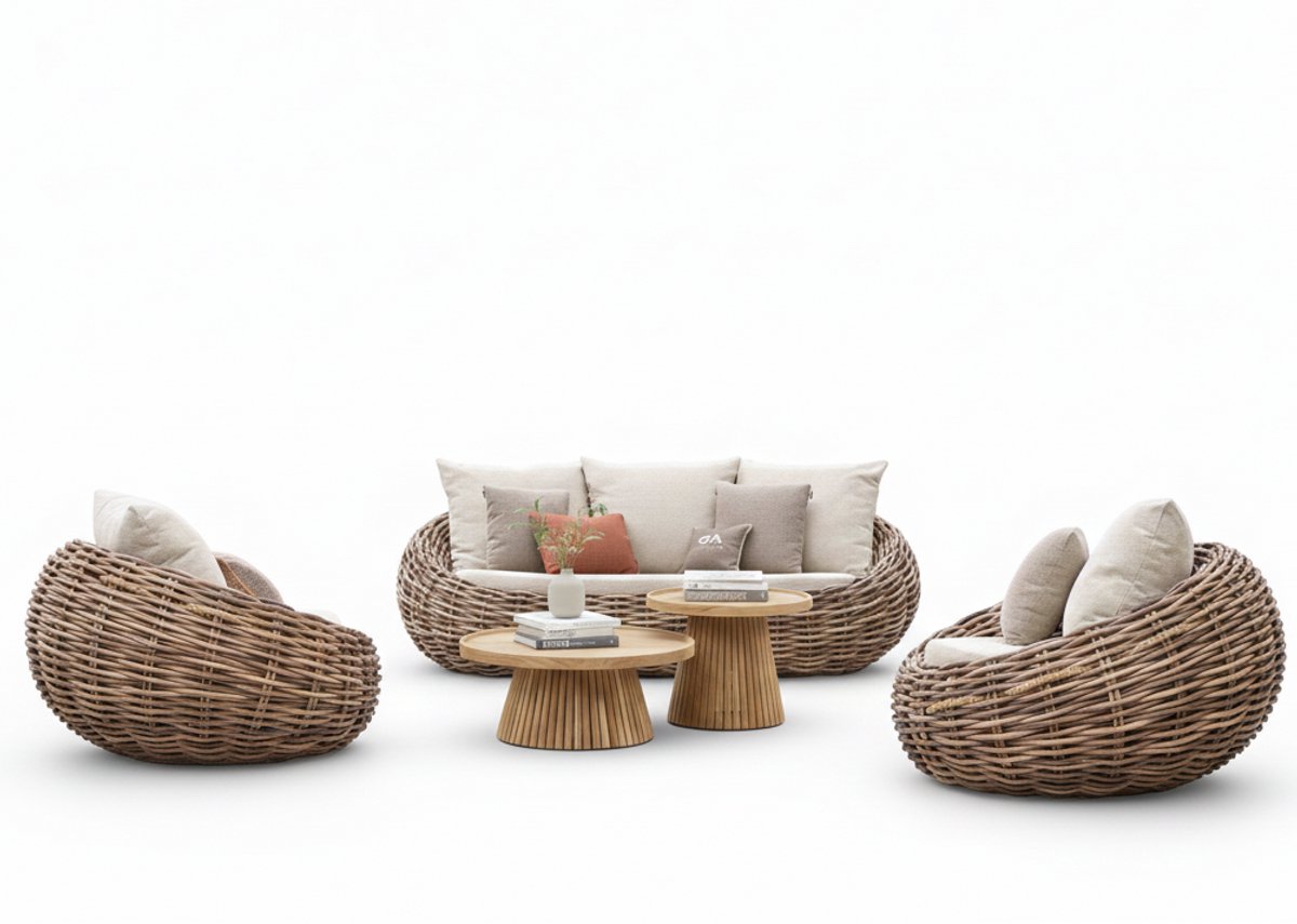 Apple Bee Cocoon Loungeset 5-delig | Belito Daan Tafels Ø 60 & 80 cm | Mokka/Teak