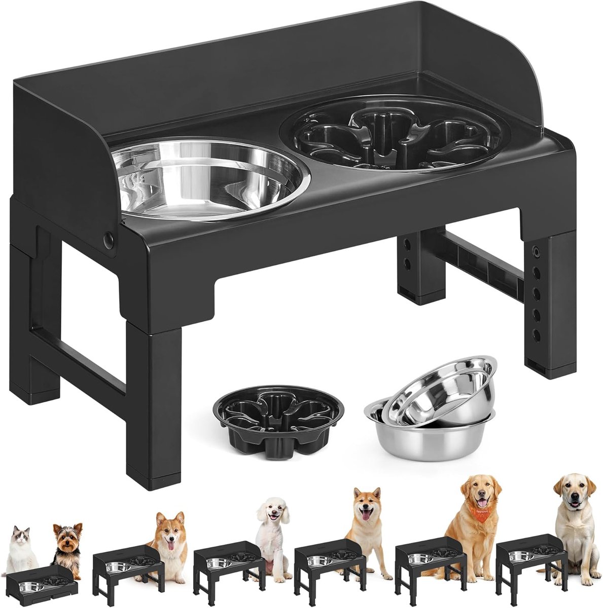 In Hoogte Verstelbaar Voerstation Met Kantelmechanisme - 2 Roestvrijstalen Kommen Van 800 ml 1 Slow-Food Kom 5 Hoogtestanden (28,5-36,5 cm) Antislip En Opvouwbaar - Voor Katten En Honden - Zwart