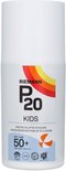 Witte P20 Kids zonnebrandfles met rode, oranje en gele regenboog en "P20 KIDS SPF 50+"