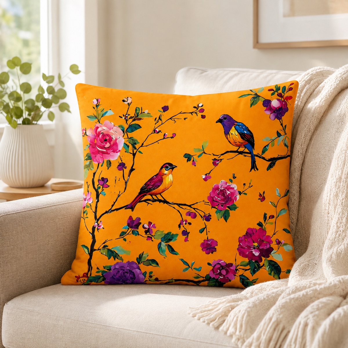 Velours Kussenhoes 45x45 cm – Okergeel met Vogels en Bloemen – Luxe Sierkussenhoes – Decoratief – Zonder Binnenkussen
