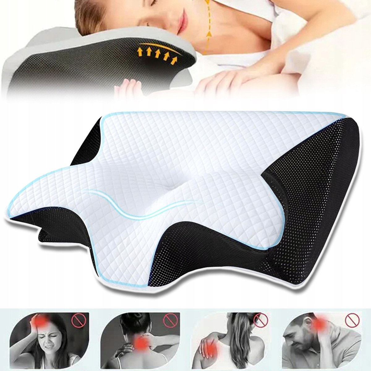 Traagschuim Vlinderkussen - Ergonomische Nekondersteuning met Slow Rebound - Verlicht Nek- En Schouderpijn, Handsteunzones, 10 cm Verhoogd Nekdeel - Voor Zij-, Rug- En Buikslapers - Wit & Zwart