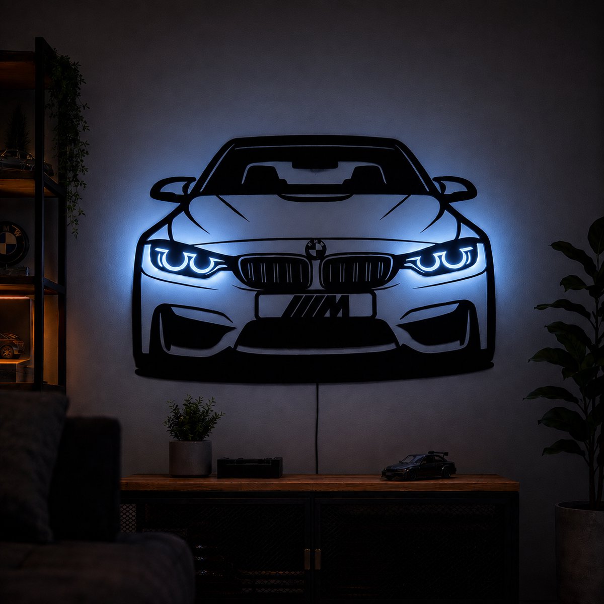 BMW M4 RGB LED Wandlamp – Auto Wanddecoratie – Zwart MDF – Met Afstandsbediening – 55 cm