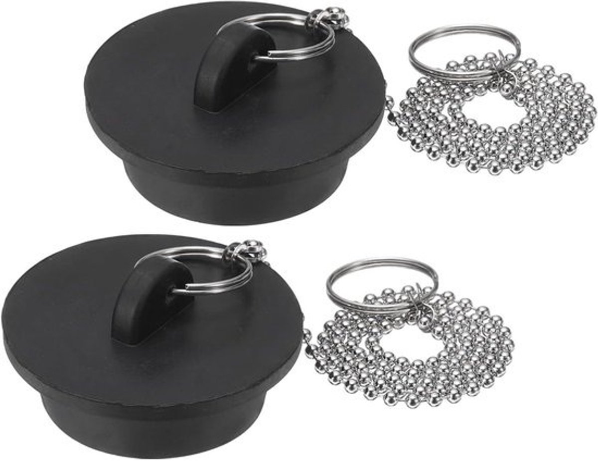 Badstoppers 2 stuks - Afvoerstop gootsteen - Water Dicht Houden - Met Kralenketting - 1-5/8 inch - Zwart