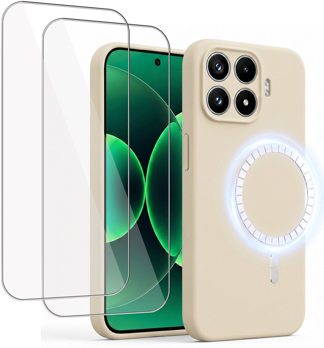 Hoesje + 2x Screenprotector geschikt voor Xiaomi 17T Pro - Hoesje geschikt voor Magsafe - Draadloos opladen - Gehard Glas - Creme