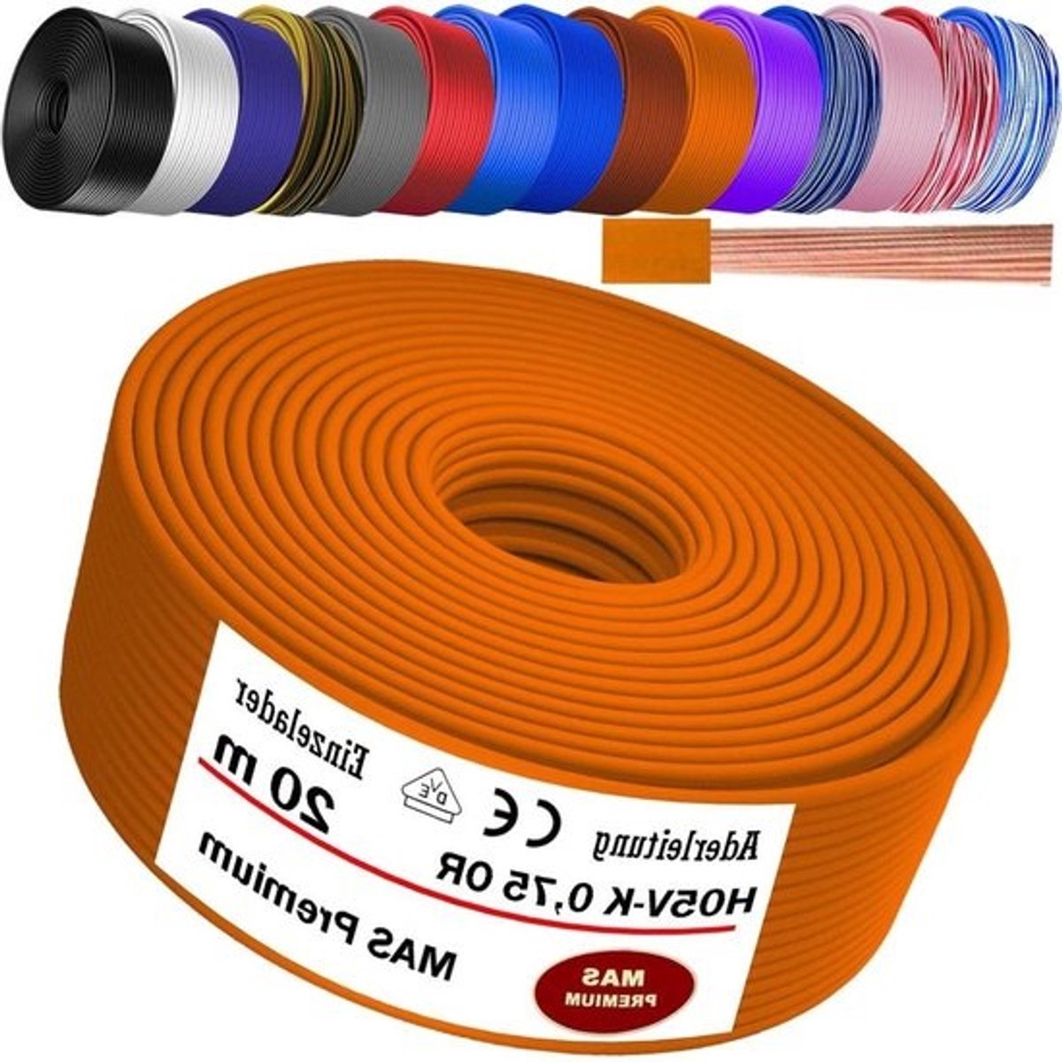 Aderkabel H05 V-K - Enkele kabel flexibel - Interne bedrading apparaten - Fijndradig koper - 075 mm 20 m - Oranje