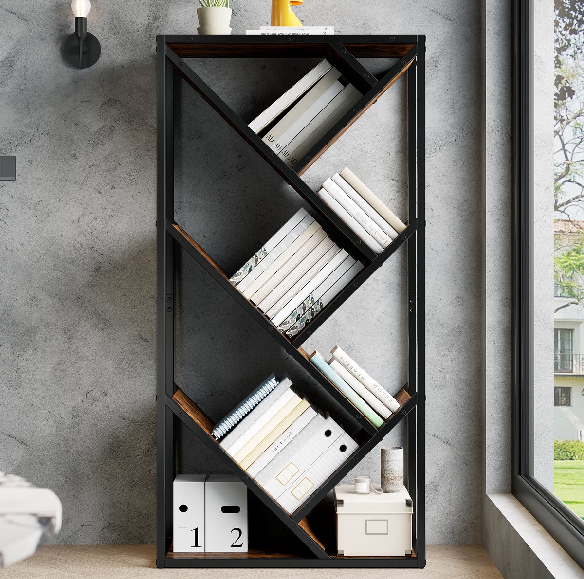 MODFU-Boekenkast-Industrieel-Open Kast-Metaal-MDF-Zwart-Bruin-80 X 35 X 160 Cm