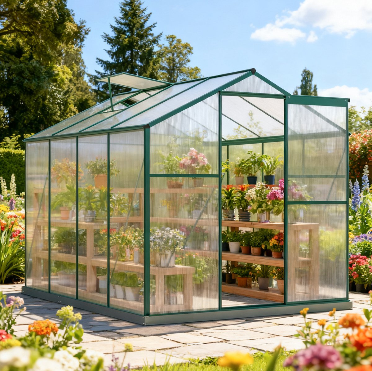 Wishdor Tuinkas - Aluminium en polycarbonaat - 4 mm platen, 1 dakraam, schuifdeur - Met fundament - Tuin, moestuin en overkapping - Groen - 253 x 190 x 200 cm