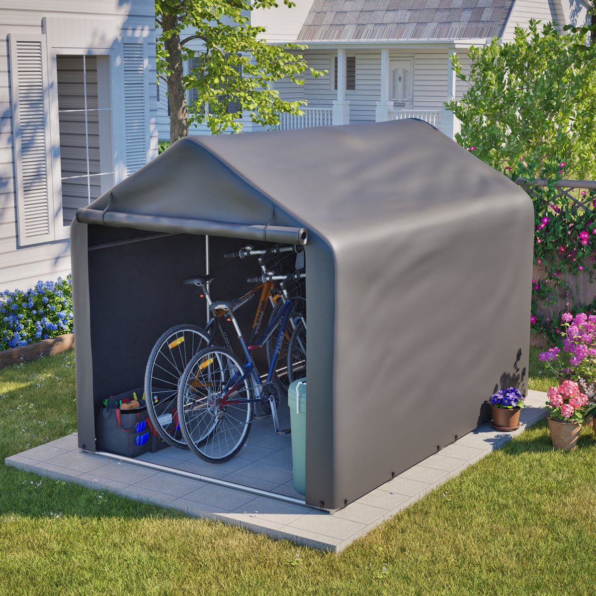 Wishdor Fietsgarage - Ruime opslagtent - Rolluik en ventilatie - Weerbestendig ontwerp - Voor fiets e-bike tuinspullen - Staal en PE - Grijs - 160 x 220 x 165 cm
